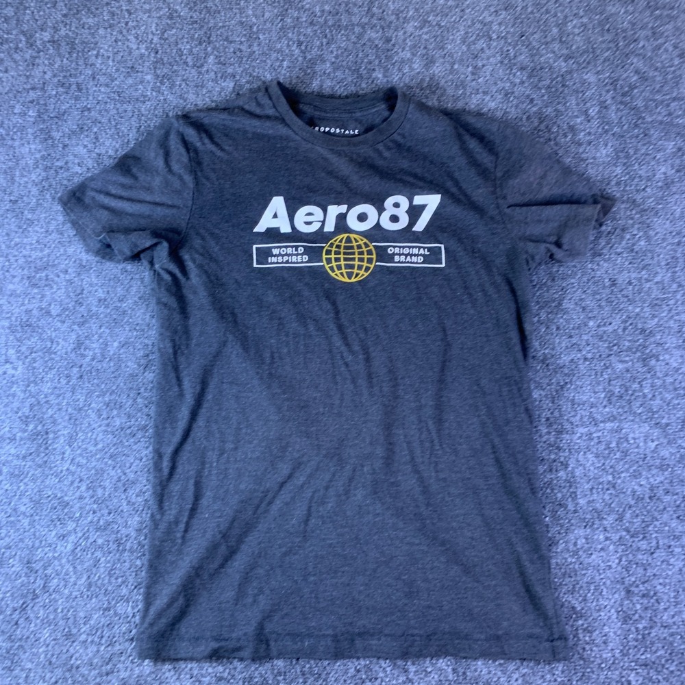 Aeropostale Aero 87 Globe T-Shirt Mens Small Heather Gray Graphic Cotton Casual